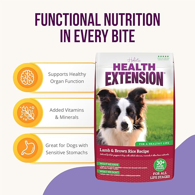 Health Extension Dry Dog Food, Natural Food for All Puppies & Dogs with added Vitamins & Mineral, Lamb & Brown Rice Recipe (15 Pound / 9.07 Kg)