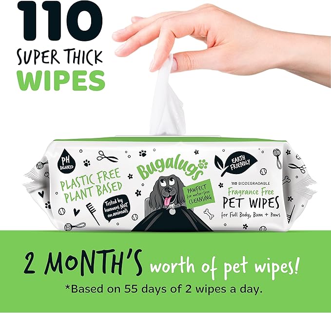 Dog Wipes, 100% Plastic Free Biodegradable pet wipes for full body, eye wipes, ear wipes, bum & paws. 110 sensitive dog grooming wipes for dogs, puppy & cat grooming (Fragrance Free)