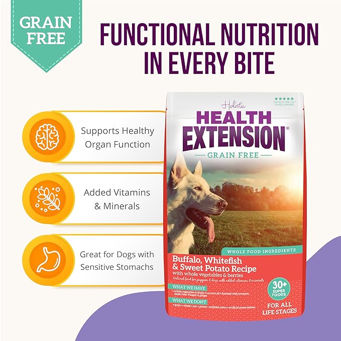 Health Extension Dry Dog Food, Natural Food with added Vitamins & Minerals, Suitable for All Puppies, Include Buffalo, Whitefish & Sweet Potato Recipe with Whole Vegetable & Berries (23.5 Pound)