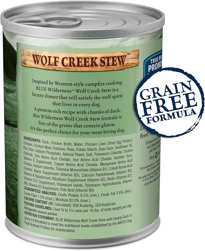 Blue Buffalo Wilderness Wolf Creek Stew High Protein, Natural Wet Dog Food, Hearty Duck Stew in gravy 12.5-oz cans (Pack of 12)