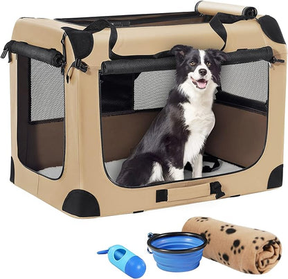 Portable Dog Crate, Collapsible Dog Travel Crate 32x23x23 with Soft Blanket Foldable Bowl and a Poop Bag with Dispenser for Medium & Large Dogs