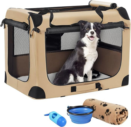 Portable Dog Crate, Collapsible Dog Travel Crate 32x23x23 with Soft Blanket Foldable Bowl and a Poop Bag with Dispenser for Medium & Large Dogs