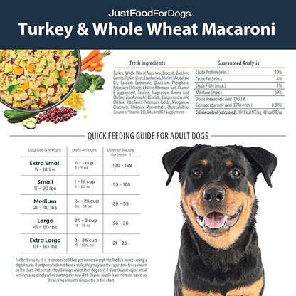 JustFoodForDogs Frozen Fresh Dog Food, Complete Meal or Dog Food Topper, Turkey & Whole Wheat Macaroni Human Grade Dog Food Recipe, 72 oz (Pack of 7)