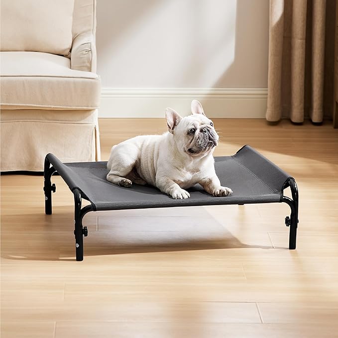 Bedsure Elevated Raised Outdoor Dog Bed - Cooling Dog Cot Bed with Bolster for Medium Dog, Lifted Pet Bed with Durable Breathable Teslin Mesh, Dog Hammock Bed with Non-Slip Feet, Grey, 32 inches