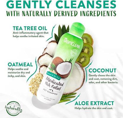 TropiClean Medicated Dog Shampoo for Allergies and Itching | Tea Tree & Oatmeal | Pet Shampoo Derived from Natural Ingredients for Sensitive Skin | Made in the USA | 20 oz.