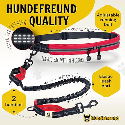 Hands Free Dog Leash for Running Walking Hiking for Medium and Large Dogs (30-150 lbs) with Adjustable Waist Belt, Zipper Pouch, Reflective Retractable Bungee, Dual Handles Red