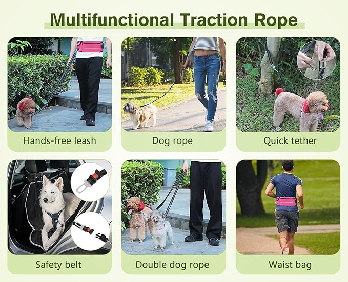 Pecute Hands Free Dog Leash with Pouch, Waist Belt Fanny Pack with Soft Pads, Dual Padded Handles, and Durable Bungee for Walking, Hiking, Jogging Biking, and Running (Up to 220lbs) Pink
