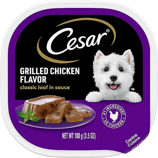 CESAR Adult Wet Dog Food Classic Loaf in Sauce Grilled Chicken Flavor, 3.5 oz. Easy Peel Trays, Pack of 24