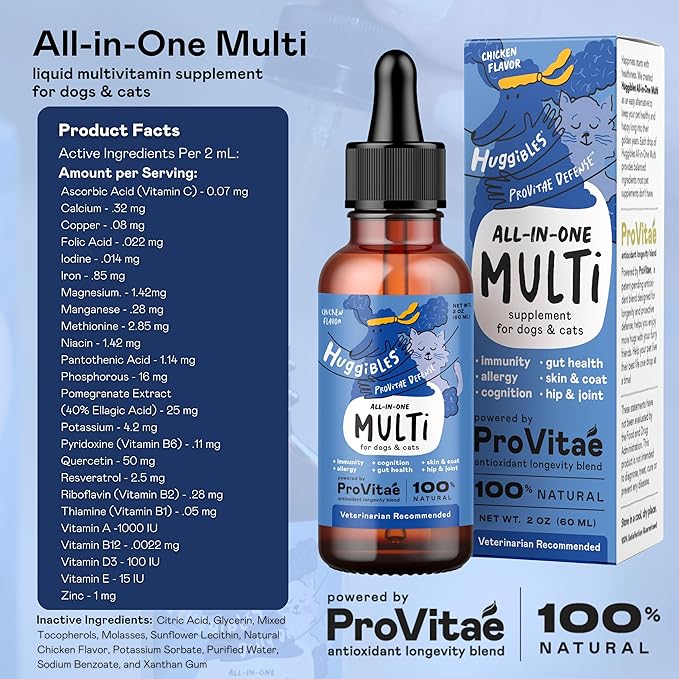 All-in-One Multi Liquid Multivitamin for Dogs and Cats – Daily Supplement with Digestive, Immunity, Allergy & Skin & Coat Support, Mobility Support – Antioxidant Blend for Longevity, 2oz