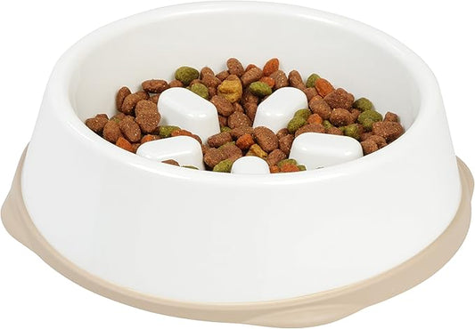IRIS USA 4 Cups Slow Feeder Dog Bowl, Anti-Choking, Anti-Slip, Easy to Clean, Interactive Puzzle Toy, Healthy Digestion, Short snouted, Dogs Cats & Other Pets, BPA, PVC, Phthalate Free, White/Beige