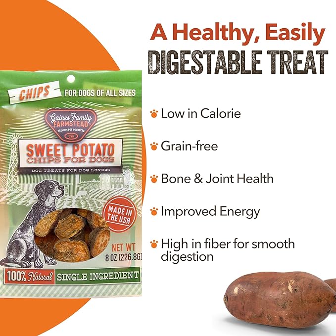 Gaines Family Farmstead Sweet Potato Dog Chips, 100% Natural Treats for Small & Large Dogs, Rawhide Alternative for Dog Training, Rich in Vitamins, Made in The USA, 8 Ounce Bag