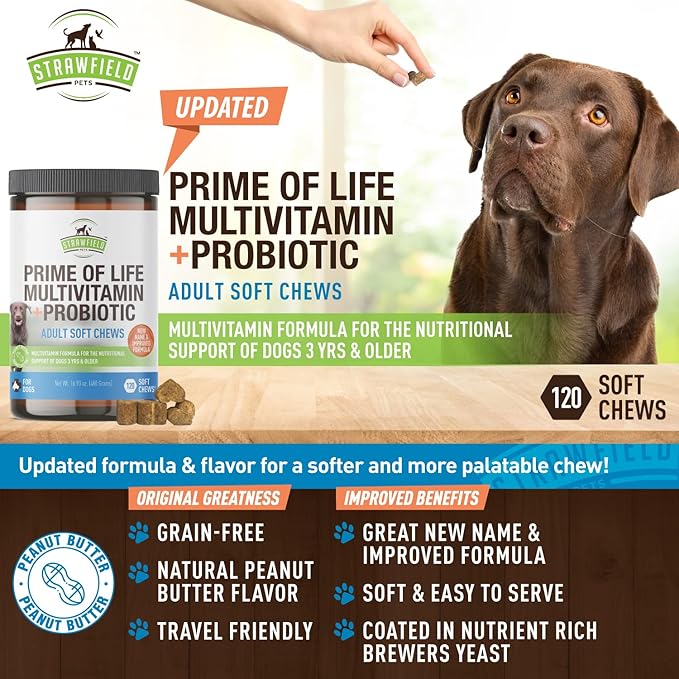 Strawfield Pets Dog Multivitamin + Dog Probiotics Soft Chews | Glucosamine Chondroitin, Probiotics, Omega 3 | Dog Supplements & Vitamins | Dog Health Supplies | 120 Grain Free Chews, USA