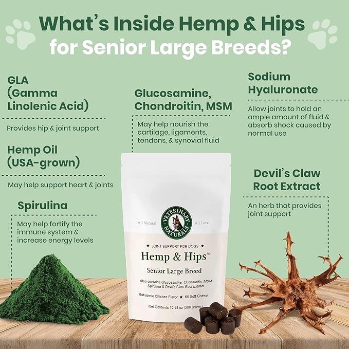 Vet Naturals Hemp & Hips - Dog Joint Supplement Large Breed - Senior Dog Supplements - Glucosamine and Chondroitin Supplement for Large Dog - MSM & USA Grown Hemp Oil (60ct-Rotisserie Chicken)