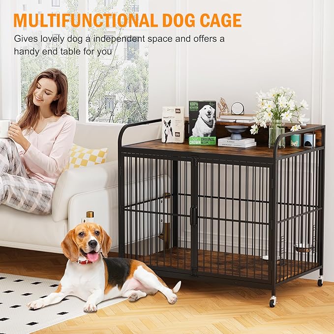 Dog Crate Furniture, Dog Crates Side End Table Indoor, Wooden Dog Kennel with Adjustable Height and 360° Rotating Feeder, Decorative Dog Crate Furniture for Large Dogs (48" L x 29.92" W x 44.29" H)