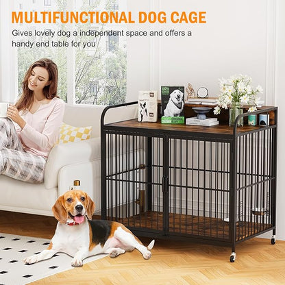 Dog Crate Furniture, Dog Crates Side End Table Indoor, Wooden Dog Kennel with Adjustable Height and 360° Rotating Feeder, Decorative Dog Crate Furniture for Large Dogs (48" L x 29.92" W x 44.29" H)