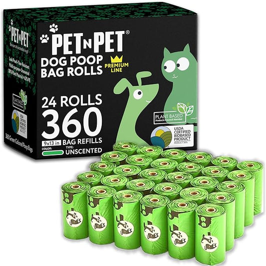 Pet N Pet 360 Counts, Unscented Dog Poop Bags Rolls, 38% Plant Based & 62% PE Poop Bags For Dogs, 24 Rolls Doggie Poop Bags Refills, Extra Thick Dog Bags for Poop, Dog Waste Bags, Cat Poop Bags