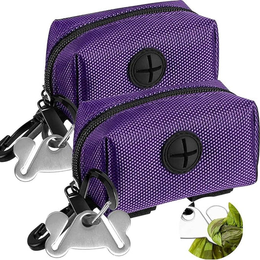 2Packs Dog Poop Bag Holder for Leash Attachment Dog Poop Bag Dispenser Dog Waste Bag Dispensers for Leash Accessory Dog Poop Bag Holders Fits Dog Leash Include Hand Free Holder Metal Carriers, Purple