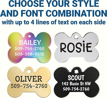 GoTags Dog Tags, Personalized Engraved Dog and Cat ID Tags for Pets, Custom Engraved on Both Sides, Stainless Steel, Rainbow Steel, Black Steel or Solid Brass, Bone Shape Dog ID Tags (Pack of 1)