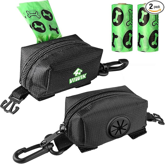 Dog Poop Bag Holder for Leash, 2 Pack Dog Waste Bag Dispenser with 2 Roll of Pet Trash Bags and Carabiner Clip, Soft Portable Doggy Poop Bag Dispenser with Hand Free Holder Carrier, Black
