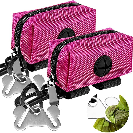 2Packs Dog Poop Bag Holder for Leash Attachment Dog Poop Bag Dispenser Dog Waste Bag Dispensers for Leash Accessory Dog Poop Bag Holders Fits Dog Leash Include Hand Free Holder Metal Carriers, Pink