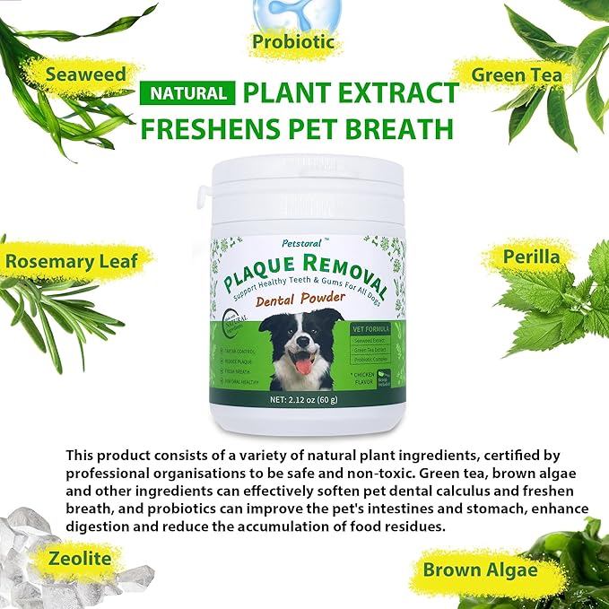 Plaque Removal Natural Dental Powder - Dog Dental Care and Bad Breath Treatment, Dog Teeth Cleaning Powder for Healthy Teeth & Gums for All Dogs - 60g