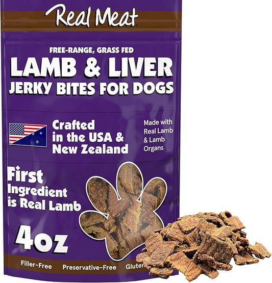 Real Meat Dog Treats - 4oz Bag of Bite-Sized Air-Dried Lamb & Liver Jerky for Dogs - Grain-Free Jerky Dog Treats Made up of 95% Human-Grade, Free-Range, Grass Fed Lamb - All-Natural Dog Treats