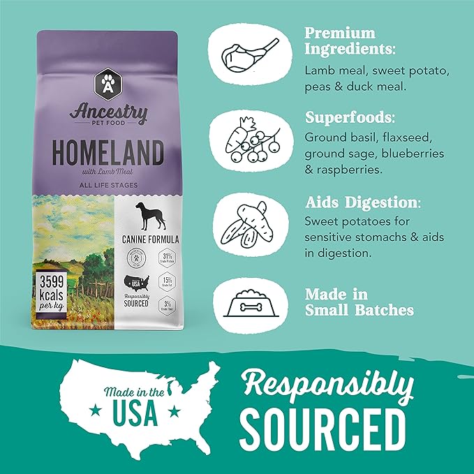 Ancestry Homeland Dog Food, Lamb Meal & Sweet Potato, Blend of Lamb, Duck, Salmon & Pork, Multi-Protein Mix, For All Life Stages, Grain Free, Digestiable, Gut Health & Immune Support (4 lb. Bag)