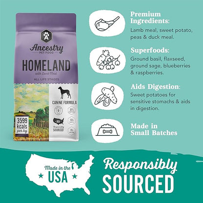 Ancestry Homeland Dog Food, Lamb Meal & Sweet Potato, Blend of Lamb, Duck, Salmon & Pork, Multi-Protein Mix, For All Life Stages, Grain Free, Digestiable, Gut Health & Immune Support (4 lb. Bag)