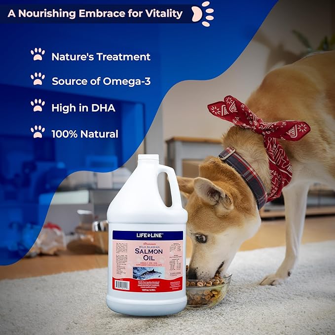 Life Line Pet Nutrition Wild Alaskan Salmon Oil Omega-3 Supplement for Skin & Coat – Supports Brain, Eye & Heart Health in Dogs & Cats, 128 oz