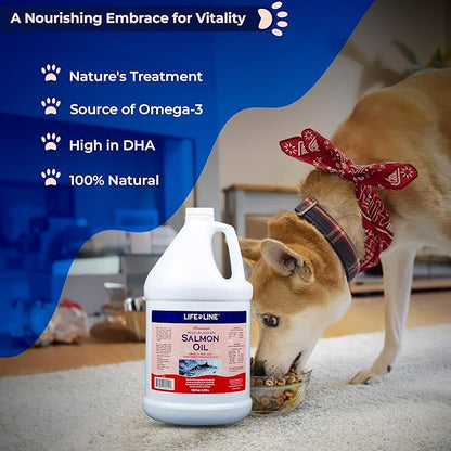 Life Line Pet Nutrition Wild Alaskan Salmon Oil Omega-3 Supplement for Skin & Coat – Supports Brain, Eye & Heart Health in Dogs & Cats, 128 oz