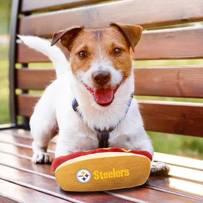 Pets First NFL PITTSBURGH STEELERS HOT DOG PLUSH DOG & CAT SQUEAK TOY - Cutest HOT-DOG SNACK Plush Toy for DOGS & CATS with INNER SQUEAKER & Beautiful Football Team Name/Logo