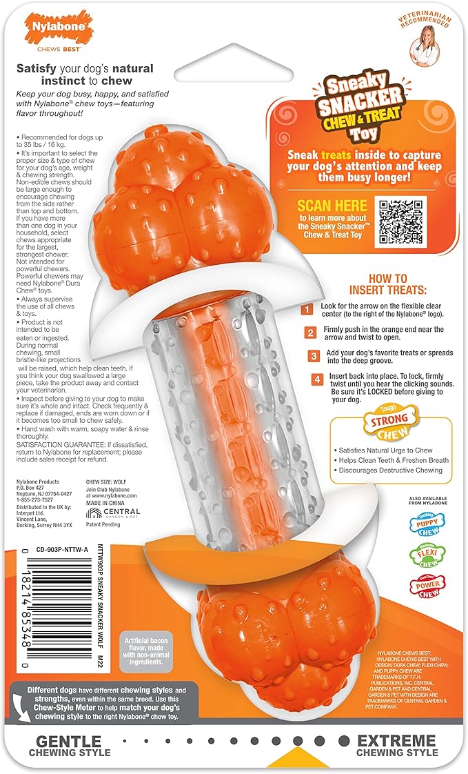 Nylabone Strong Chew Sneaky Snacker Treat Toy for Dogs, Interactive Dog Enrichment Chew Toys, Bacon Flavor, Medium/Wolf - Up to 35 lbs. (1 Count)