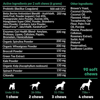 Doggie Greens - Natural Dog Vitamins & Probiotics for Dogs. No Messy Powder. includes Spirulina, Kelp & Antioxidant Berry Mix. 6-in-1 Dog Supplements & Vitamins Chews. Super Greens for Dogs.