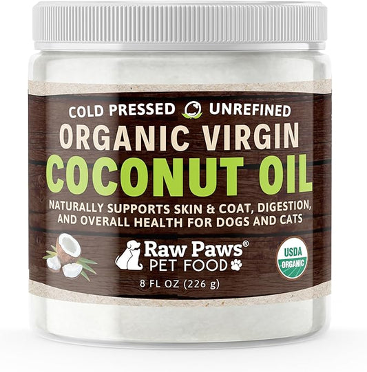 Raw Paws Organic Virgin Coconut Oil for Dogs & Cats, 8-oz - Supports Immune System, Digestion, Oral Health, Thyroid - All Natural Allergy Relief for Dogs - Hairball Relief