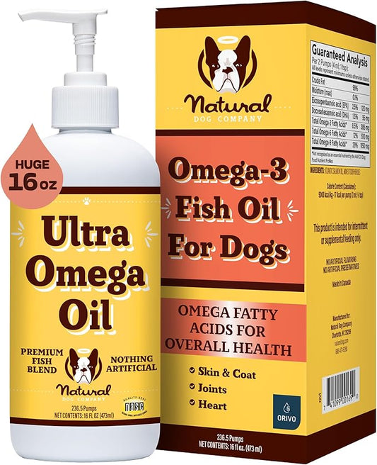 Natural Dog Ultra Omega 3 Fish Oil for Dogs 16oz, Dog Fish Oil Supplement for Shedding, Itch Relief, Supports Dry Skin, Joints, Omega 6 & 9 Fish Oil Dogs, Flax, Pollock, Salmon Oil for Dogs