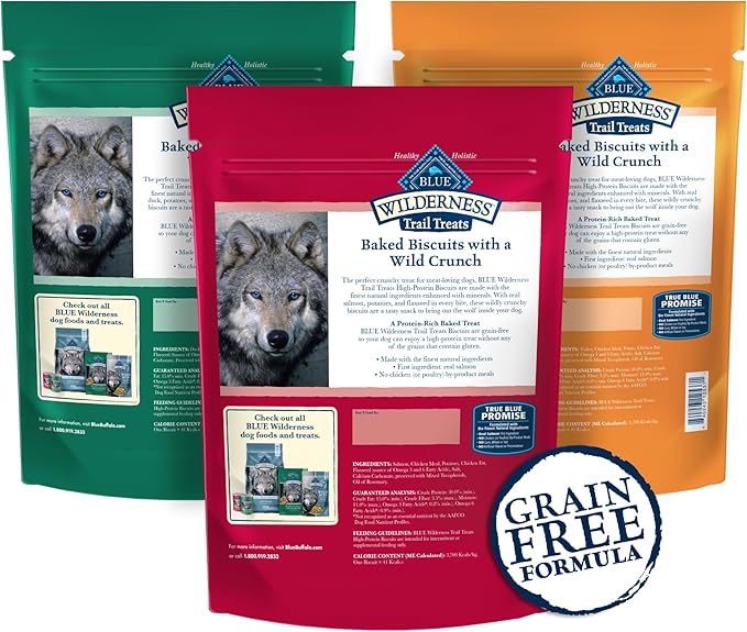 Blue Buffalo Wilderness Trail Treats Crunchy Dog Biscuits Variety Pack, Grain-Free and High-Protein Dog Treats Made with Natural Ingredients, | Duck, Turkey & Salmon Recipes, 10-oz. Bag (3 Pack)