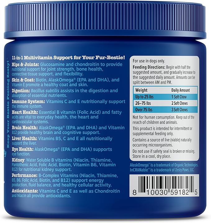 Zesty Paws Multivitamin Treats for Dogs - Glucosamine Chondroitin for Joint Support + Digestive Enzymes & Probiotics - Grain Free Dog Vitamin for Skin & Coat + Immune Health - Beef - Advanced - 90ct