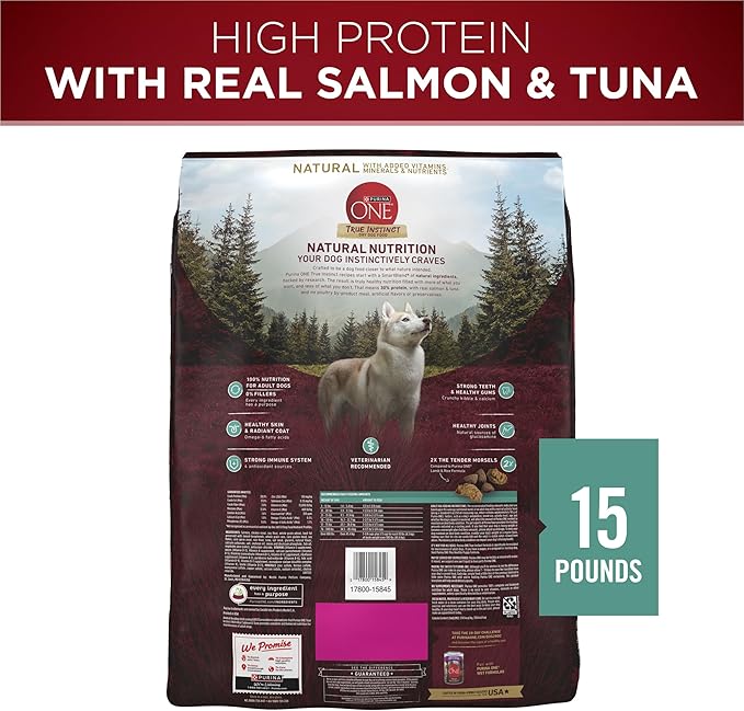 Purina ONE True Instinct With Real Salmon and Tuna Natural With Added Vitamins, Minerals and Nutrients High Protein Dog Food Dry Formula - 15 lb. Bag