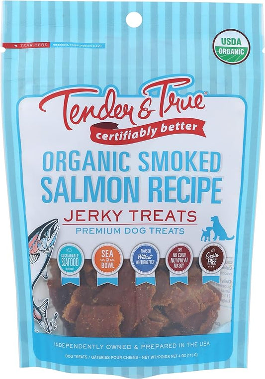 Tender & True Organic Smoked Salmon Recipe, Jerky Treats, Premium Dog Treats, USDA Organic, 4 Oz (Pack of 10)