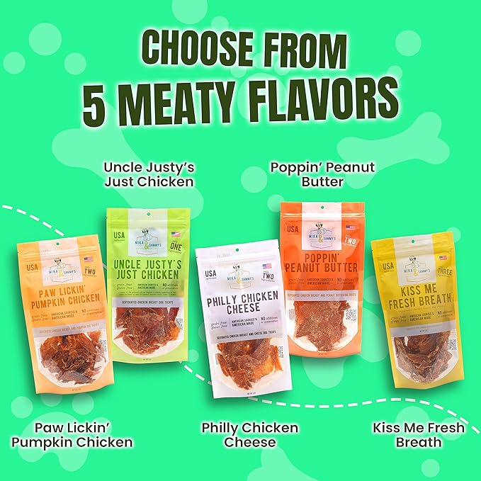 Gourmet Jerky Dog Treats - Natural Dog Treat Chicken Jerky for Dogs, Nutritious and Tasty Dog Jerky Treats Made in USA only, Cage-Free Chicken, No Additives(Mika & Sammy's Unlcle Justy's 5 oz)