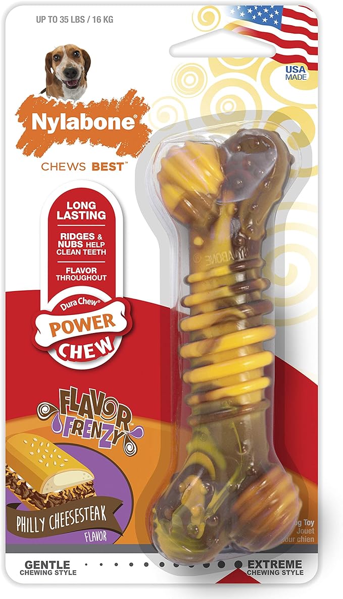Nylabone Power Chew Flavor Frenzy Dental Bone Chew Toy for Dogs, Indestructible Chew Toys for Aggressive Chewers, Philly Cheesesteak Flavor, Medium/Wolf - Up to 35 lbs. (1 Count)