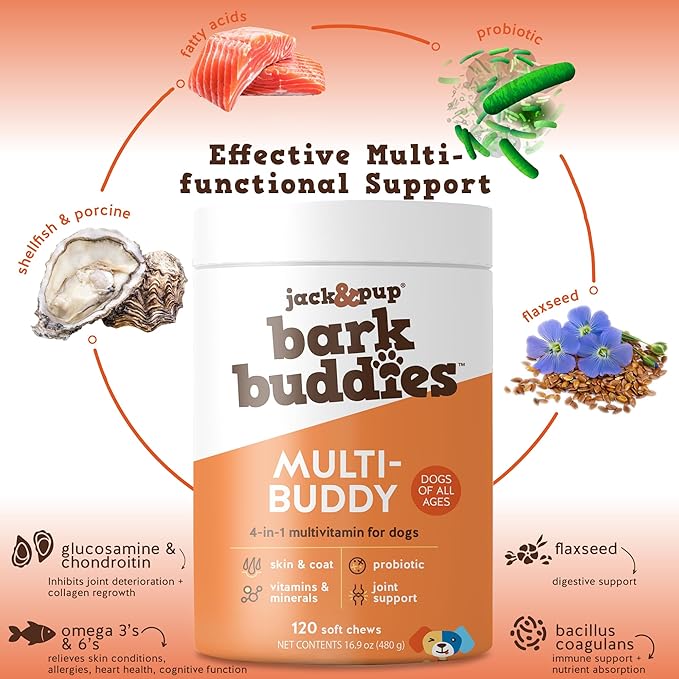 Jack&Pup Dog Multivitamin | Bark Buddies Dog Vitamins and Supplements for Senior Dogs to Puppies | Daily Dog Multivitamins Chewable for Immunity, Joint, Digestion, Skin and Coat Health (120ct)