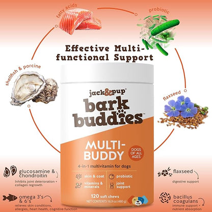 Jack&Pup Dog Multivitamin | Bark Buddies Dog Vitamins and Supplements for Senior Dogs to Puppies | Daily Dog Multivitamins Chewable for Immunity, Joint, Digestion, Skin and Coat Health (120ct)