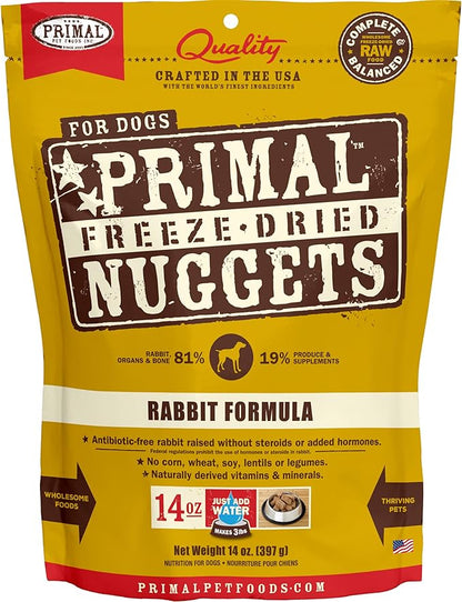 Primal Freeze Dried Dog Food Nuggets, Rabbit; Complete & Balanced Meal; Also Use as Topper or Treat; Premium, Healthy, Grain Free, High Protein Raw Dog Food, 14 oz