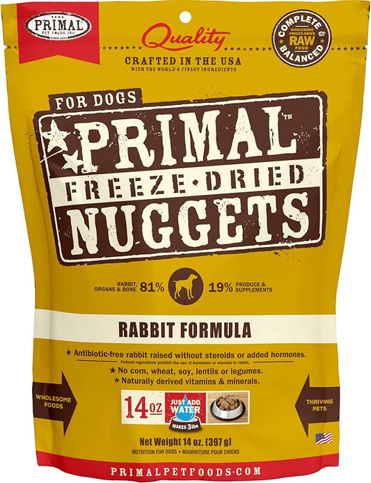 Primal Freeze Dried Dog Food Nuggets, Rabbit; Complete & Balanced Meal; Also Use as Topper or Treat; Premium, Healthy, Grain Free, High Protein Raw Dog Food, 14 oz