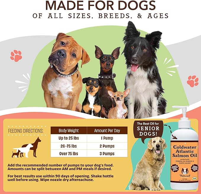 Natural Dog Company Skin & Coat Oil (16 oz.), Supports Skin Health, Fish Oil Supplements for Dogs, Soft Coat, Salmon Oil & Flaxseed Oil, Fatty Acids, Bottle of Dog Fish Oil with pump, Antioxidant