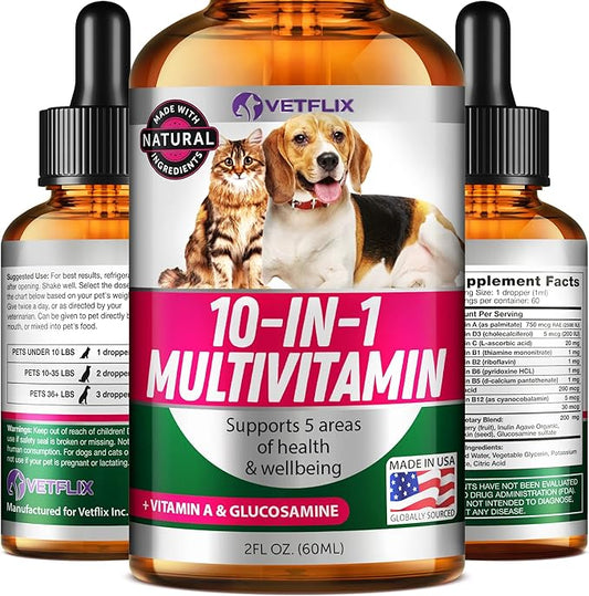Pet Vitamins 10-in-1 Made in USA - Natural Glucosamine for Dogs & Cats, Essential Multivitamin Blend for Pet Joint Health, Longevity, Gut & Immune Health - All Ages, Breeds and Sizes 2 fl oz