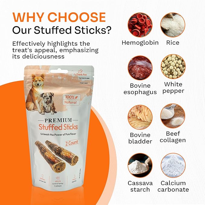 Premium Stuffed Sticks - All Natural Dog Chews & Sticks - 2 pcs Beef Pet Treats for Dogs