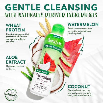 TropiClean Watermelon Refreshing 2-in-1 Cat & Dog Shampoo and Conditioner | Cat & Dog Bath Supplies | 20 oz | Made in The USA
