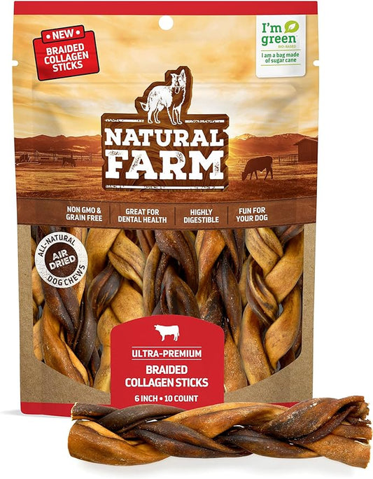 Natural Farm Braided Collagen Chews for Dogs (6 Inch, 10 Pack), Collagen Sticks, Natural Dog Chews, Long Lasting, for Small, Medium and Large Dogs, Odor-Free, Rawhide Alternative